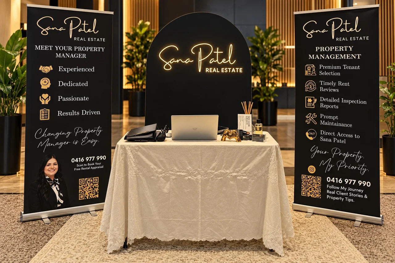 Sana Patel Real Estate black and gold brand display